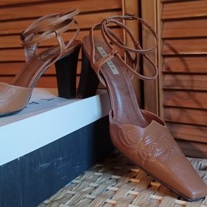 Tabita Camel Square Toe Tooled Leather Ankle Strap Heels Size 10